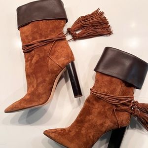 Saint Laurent Brown Suede Tanger Tassel Booties